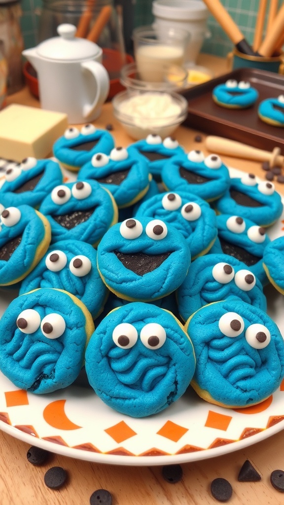 A colorful plate of Cookie Monster cookies with chocolate chip eyes on a cheerful kitchen table.